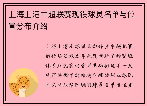 上海上港中超联赛现役球员名单与位置分布介绍