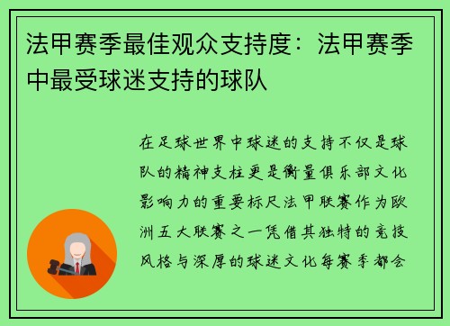 法甲赛季最佳观众支持度：法甲赛季中最受球迷支持的球队